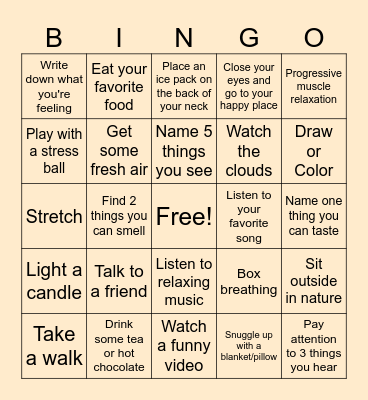 Self Care senses Bingo Card