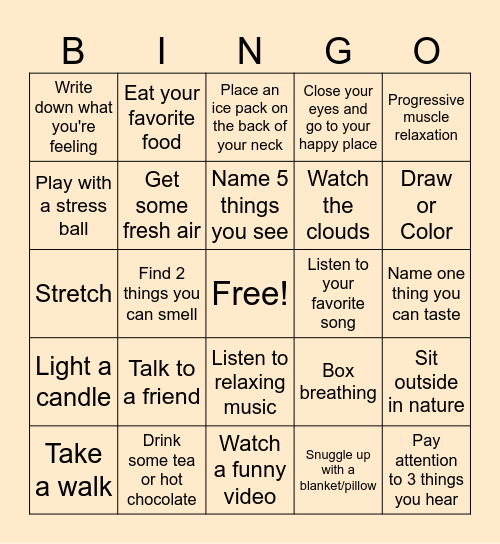 Self Care senses Bingo Card