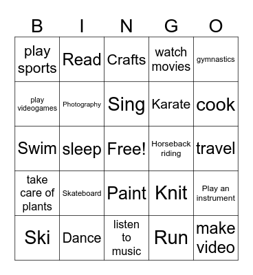 Hobbies Bingo Card