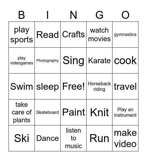 Hobbies Bingo Card