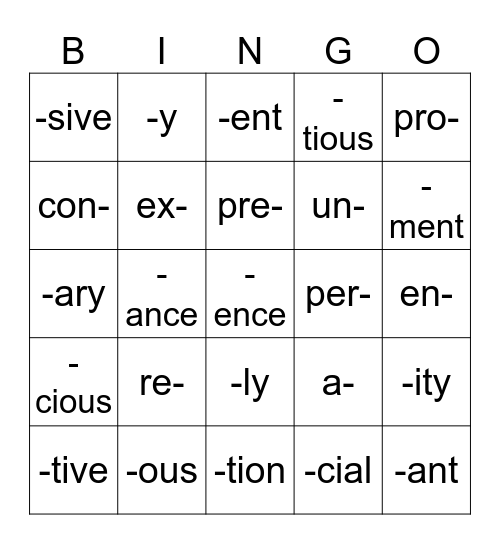 Prefix/Suffix #2 (Lesson 1-10) Bingo Card