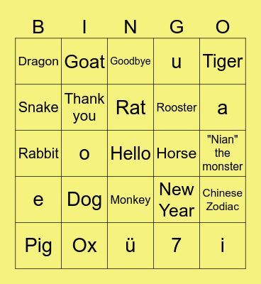 Chinese Zodiac and Lunar New Year Bingo Card