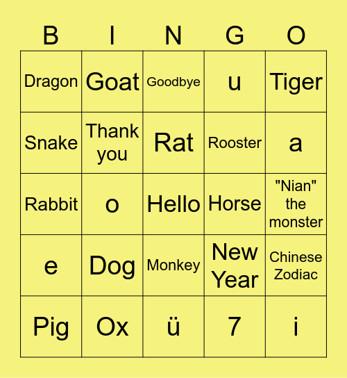 Chinese Zodiac and Lunar New Year Bingo Card