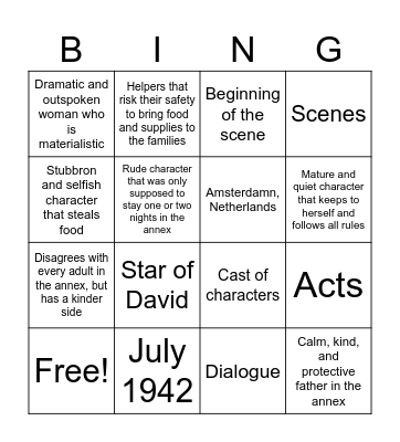 The Diary of Anne Frank Review Bingo Card