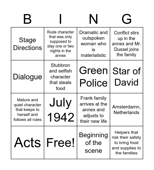 The Diary of Anne Frank Act 1 Review Bingo Card
