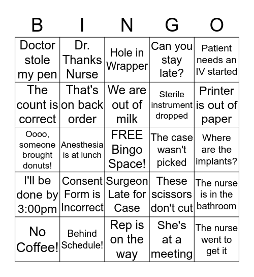 O.R. Bingo Card