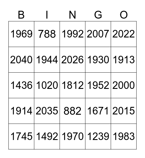 Years Bingo Card