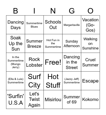 Summer Songs Bingo Card