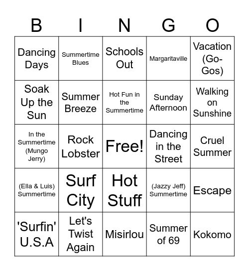 Summer Songs Bingo Card