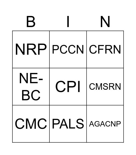 Nursing Certifications Bingo Card