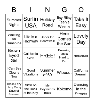 Summer Songs Bingo Card