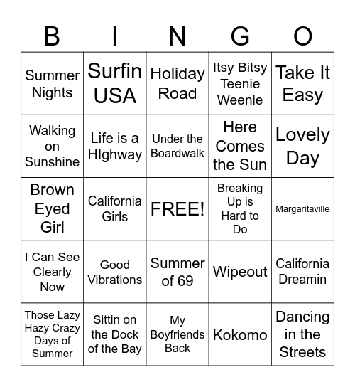 Summer Songs Bingo Card