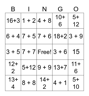 Addition to 20 Bingo Card