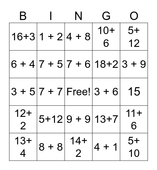 Addition to 20 Bingo Card