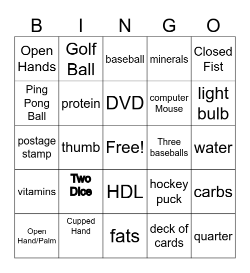 Portion Sizes Bingo Card
