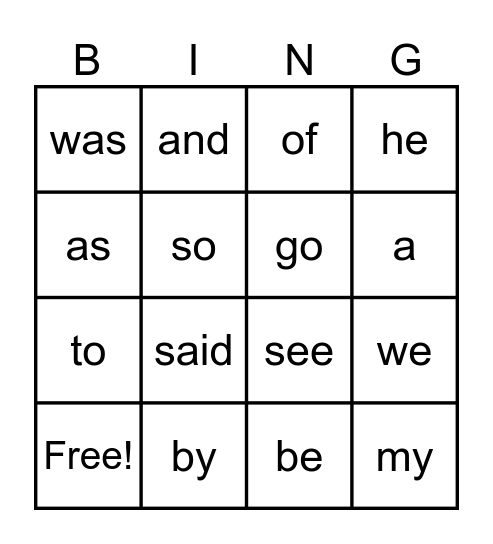 Sight Words Bingo Card