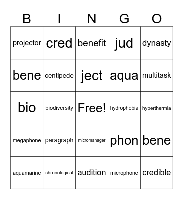 Root Word Bingo Card