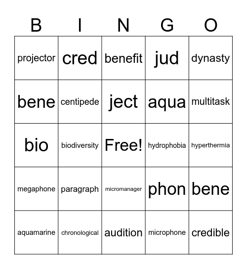 Root Word Bingo Card