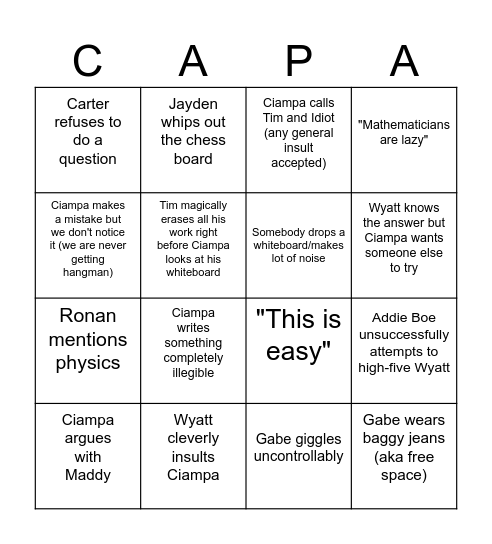 TC's Mathematical Madness Bingo Card