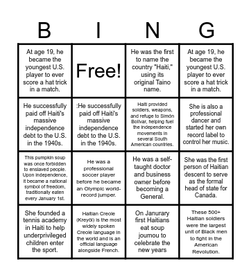 Haitian Heritage Month Bingo Card