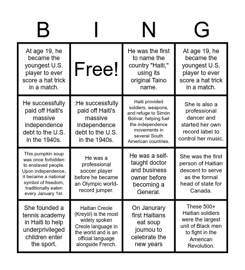 Haitian Heritage Month Bingo Card