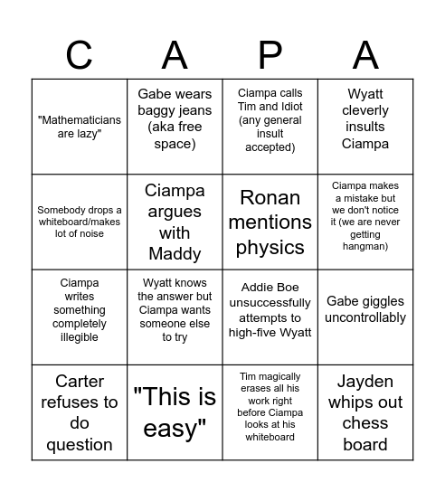 TC's Mathematical Madness Bingo Card
