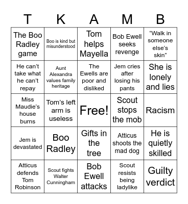 To Kill a Mockingbird Bingo Card