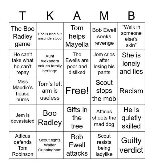 To Kill a Mockingbird Bingo Card