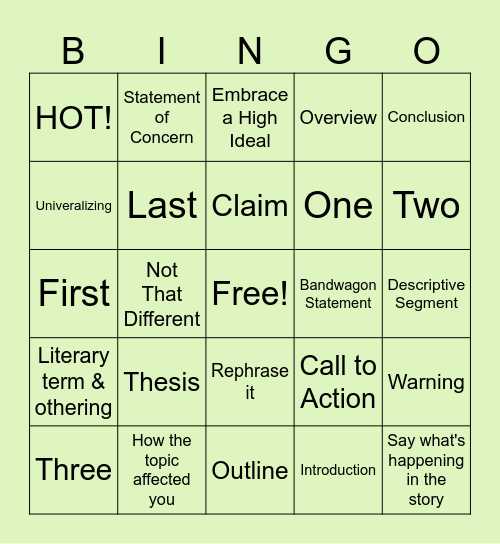 NTD Thesis, Intro, & Conclusion Bingo Card