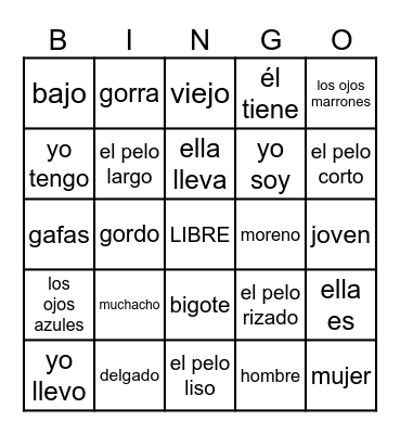 Spanish Physical Description Bingo Card
