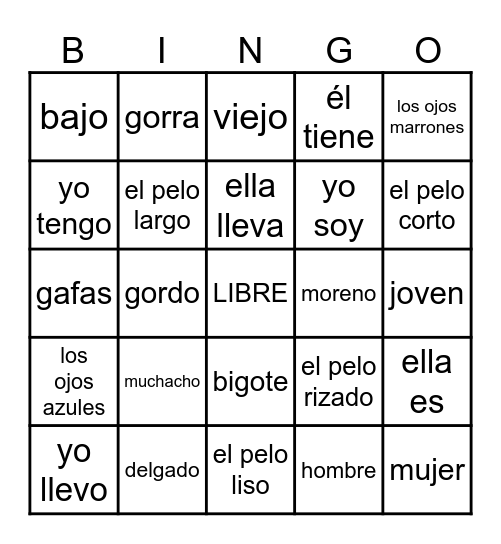 Spanish Physical Description Bingo Card