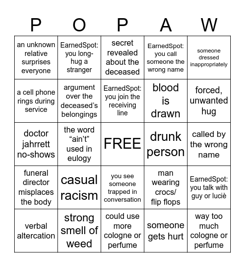 Funeral Bingo Card