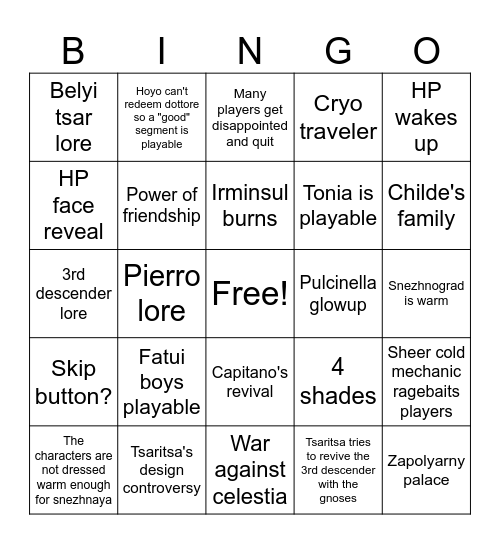 Snezhnaya bingo (made in 6.4) Bingo Card