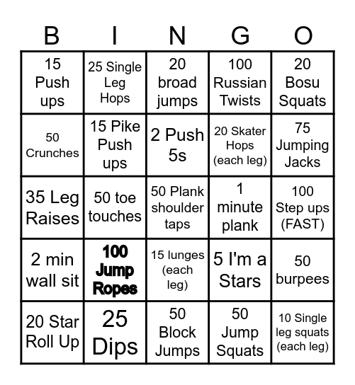 IVCB Workout Bingo <3 Bingo Card