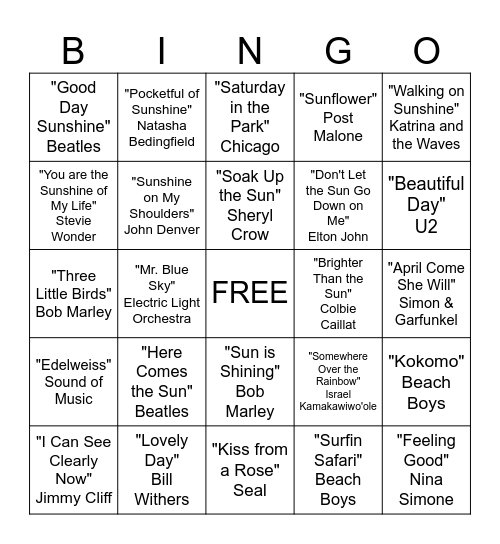 Musical Bingo Card