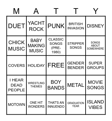 Matty's Birthday Bingo Card
