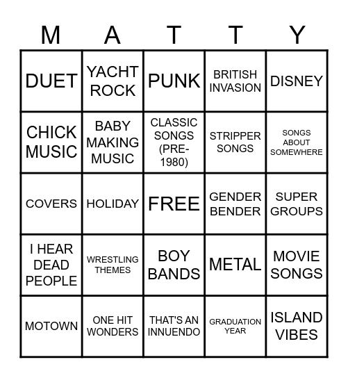 Matty's Birthday Bingo Card
