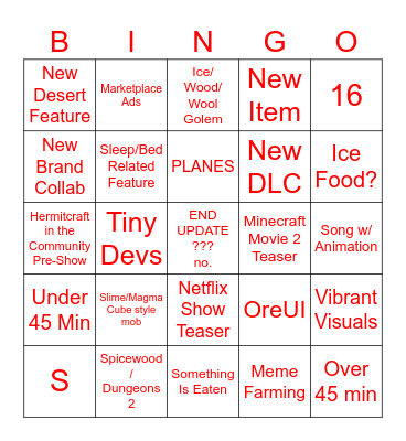 Minecraft Live Bingo Card
