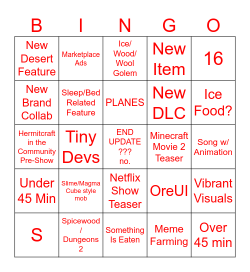 Minecraft Live Bingo Card