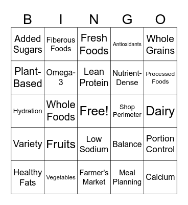 Dietary Guidelines Bingo Card