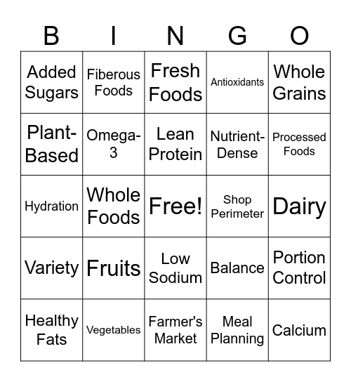 Dietary Guidelines Bingo Card