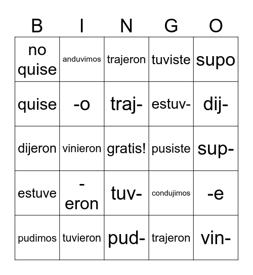 Esp. 2 Unidad 4 El pretérito irregular Bingo Card