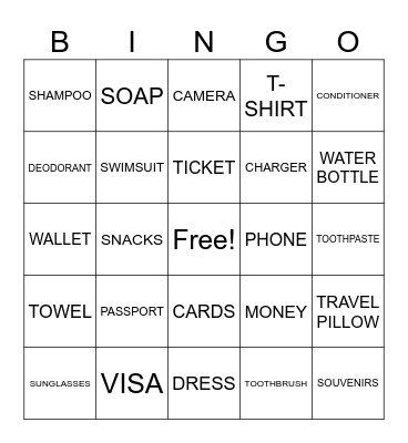 TRAVEL ITEMS Bingo Card