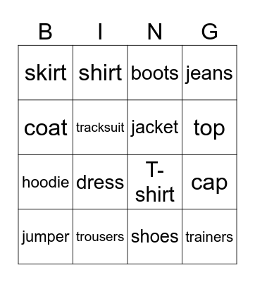 clothes Bingo Card