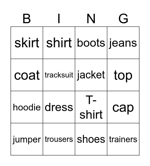 clothes Bingo Card