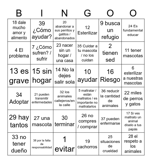 animales de la calle Bingo Card