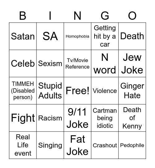 South Park Bingo Card