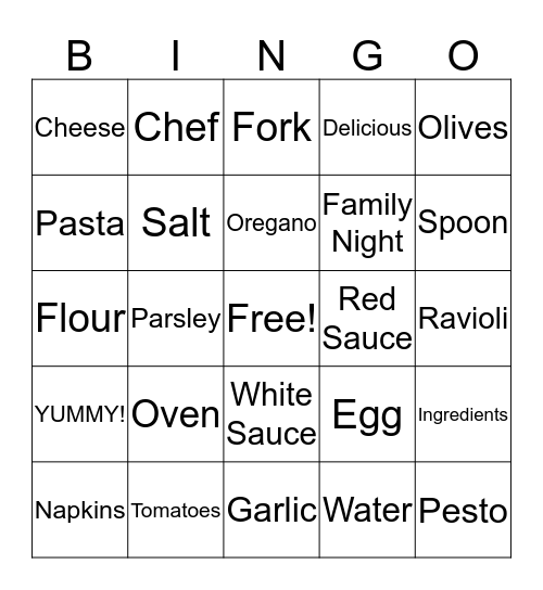 Pasta Bingo Night Bingo Card