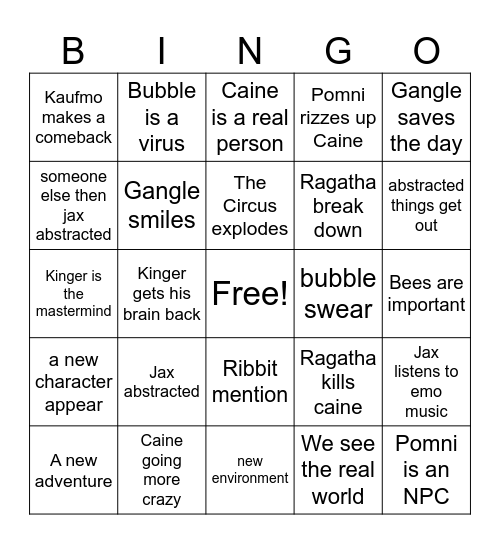 the amazing digital circus Bingo Card