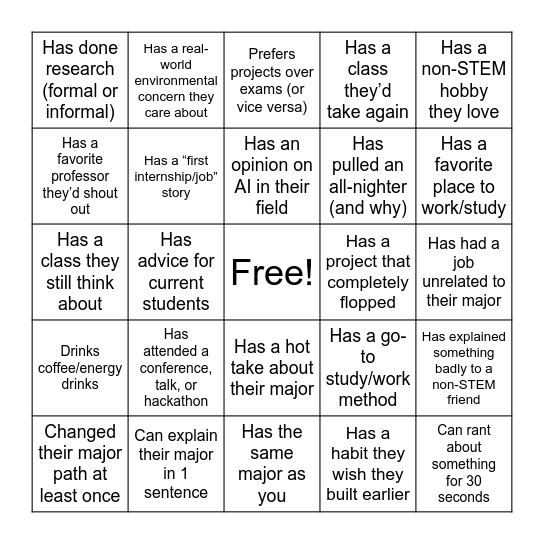 TraIN Mixer Bingo Card